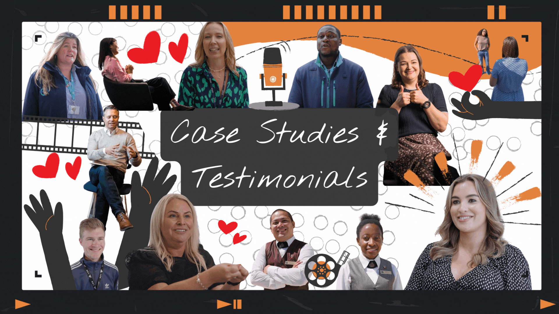 Case studies and testimonials collage of video portfolio screen grabs and illustrations