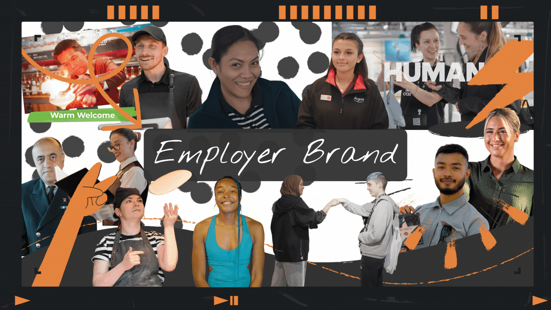 Employer brand collage of video portfolio screen grabs and illustrations.