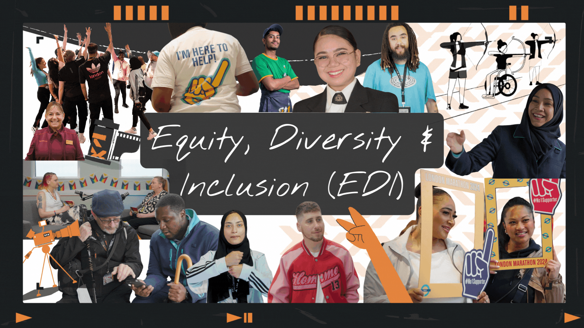 Equity, Diversity & Inclusion collage of video portfolio screen grabs and illustrations.