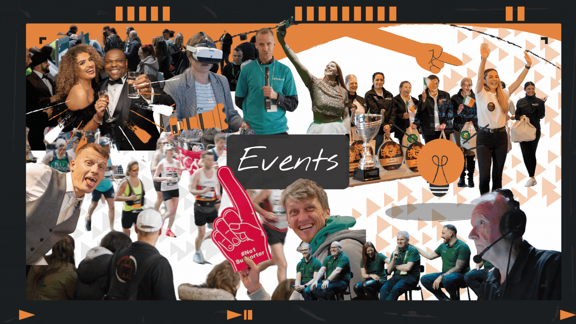 Events collage of video portfolio screen grabs and illustrations