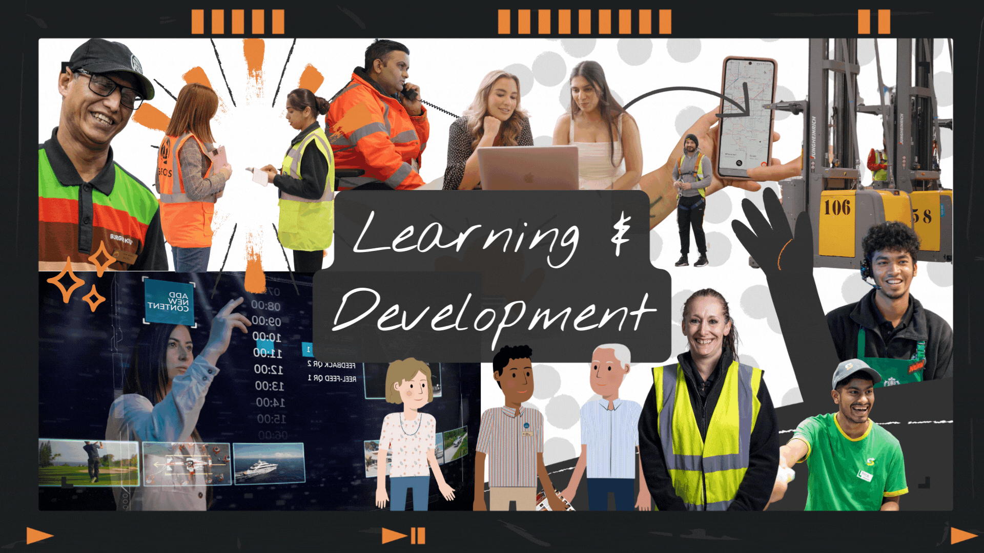 Learning and development collage of video portfolio screen grabs and illustrations.